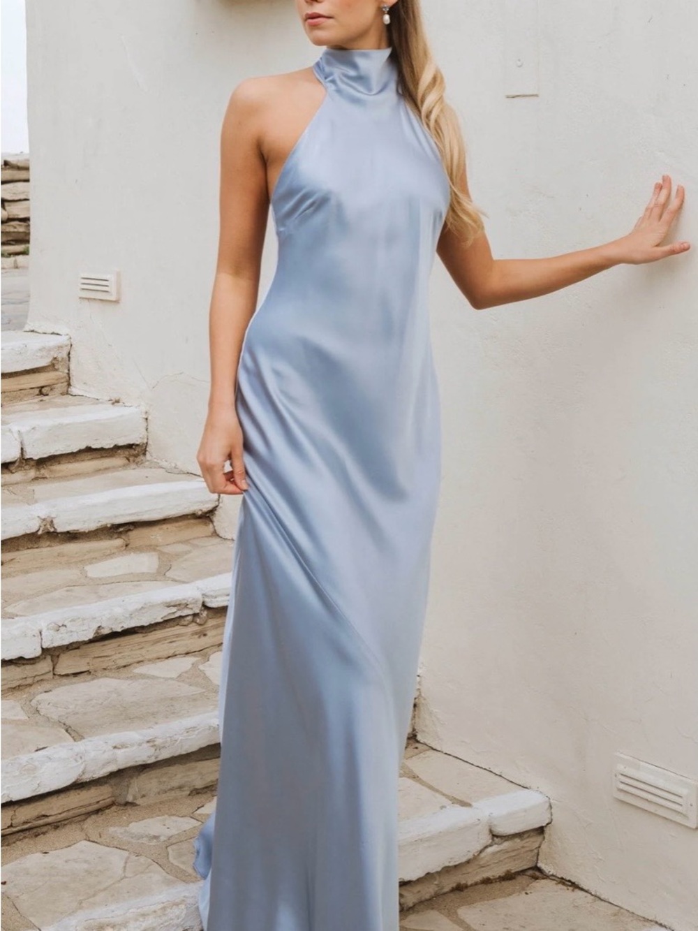Show Me Your MuMu Sky Blue High-Neck Satin Maxi Dress